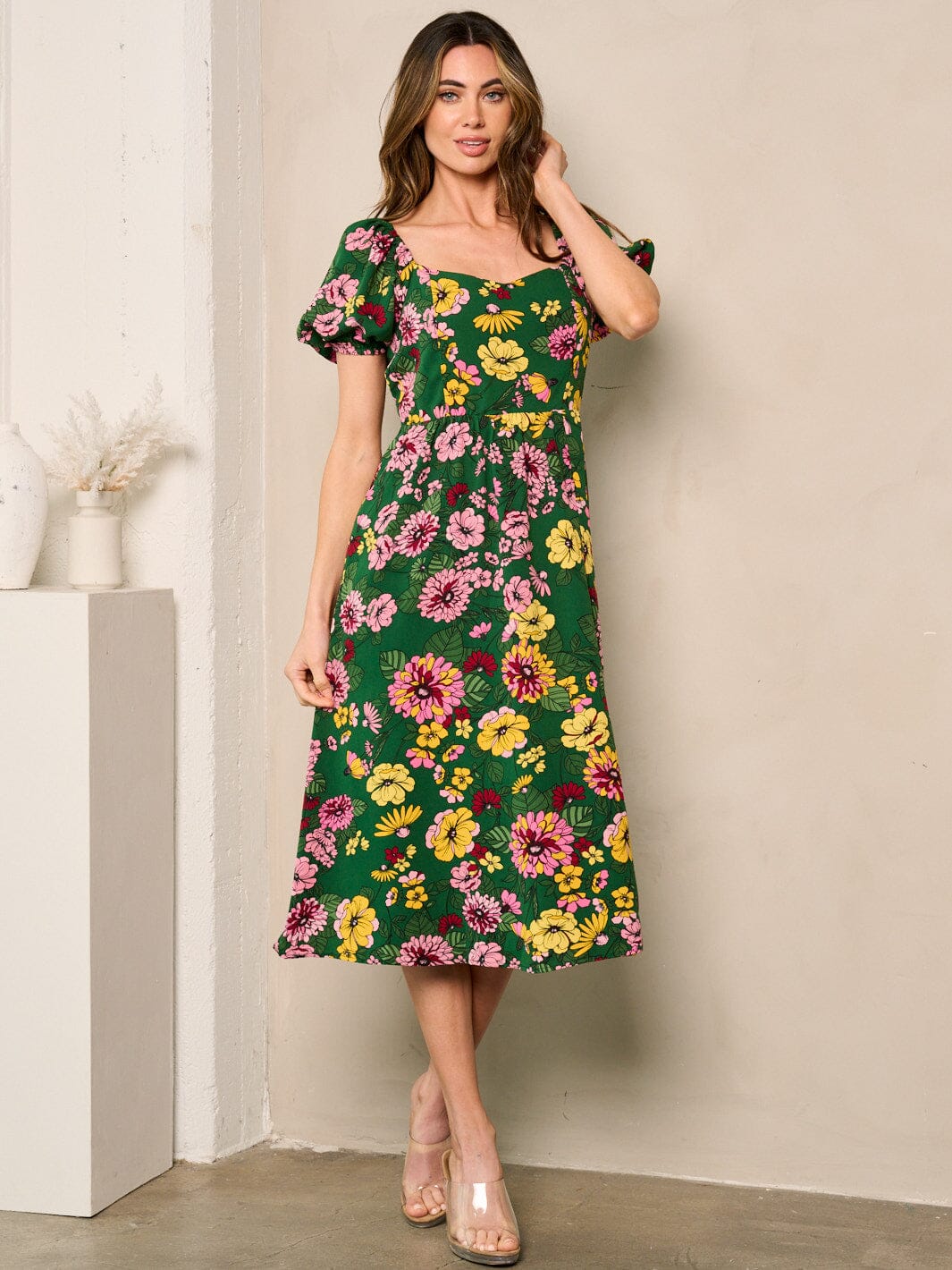 WOMEN'S SHORT PUFF SLEEVES SMOCK FLORAL MIDI DRESS