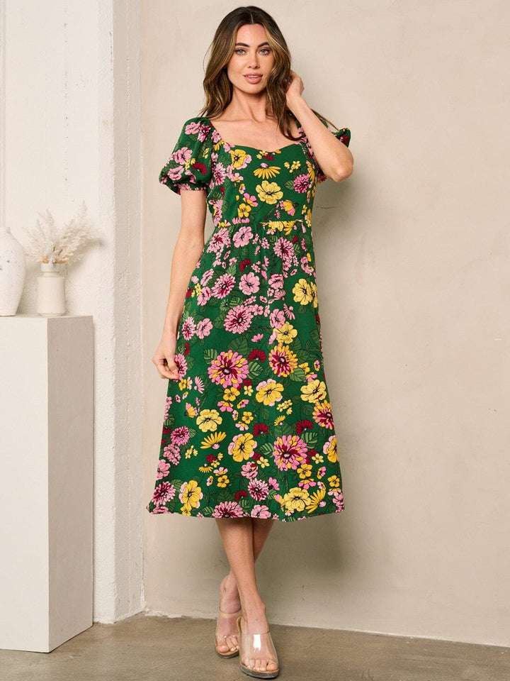 WOMEN'S SHORT PUFF SLEEVES SMOCK FLORAL MIDI DRESS