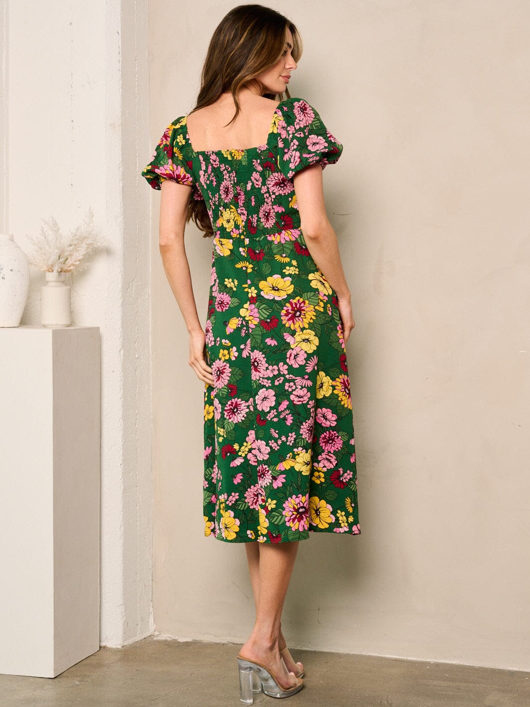 WOMEN'S SHORT PUFF SLEEVES SMOCK FLORAL MIDI DRESS