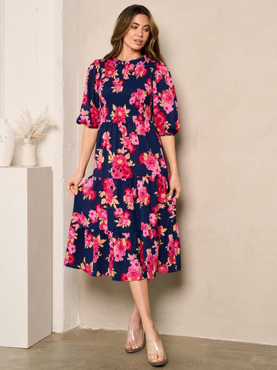 WOMEN'S SHORT SLEEVES SMOCK FLORAL MIDI DRESS