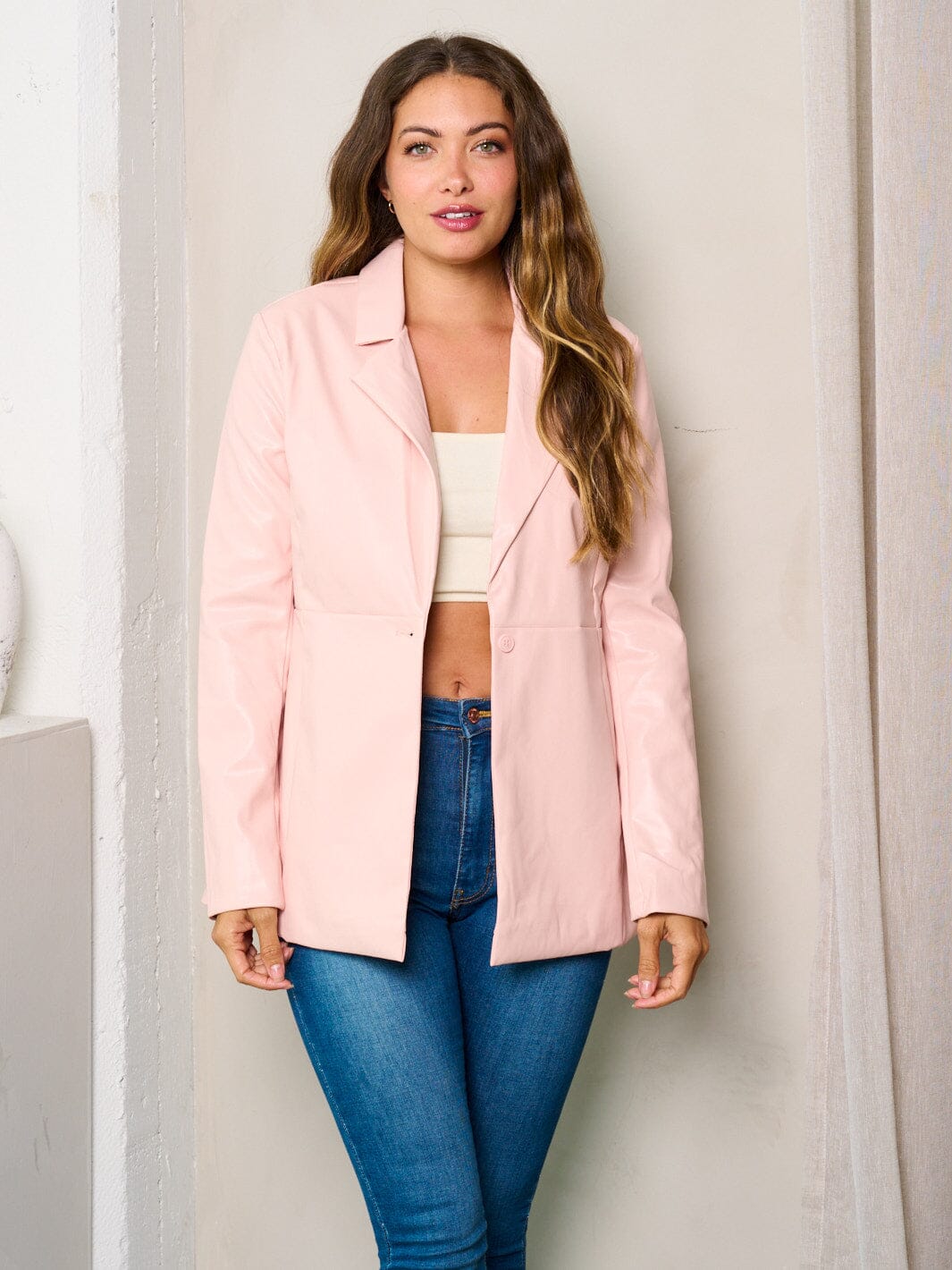 WOMEN'S LONG SLEEVES BUTTON UP PU PLEATHER JACKET