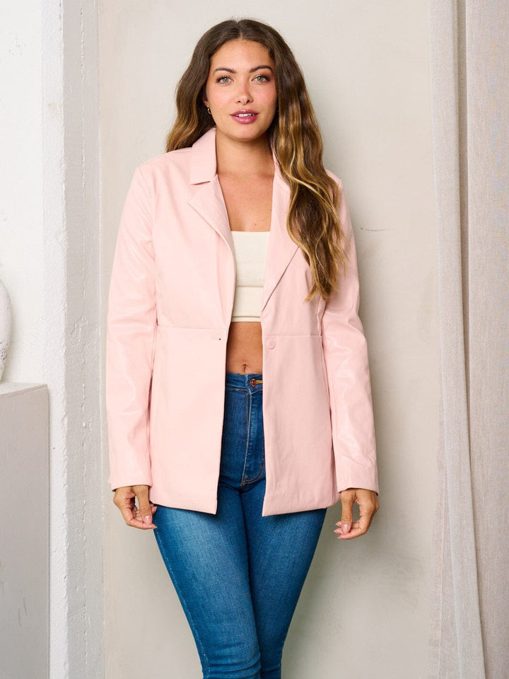 WOMEN'S LONG SLEEVES BUTTON UP PU PLEATHER JACKET