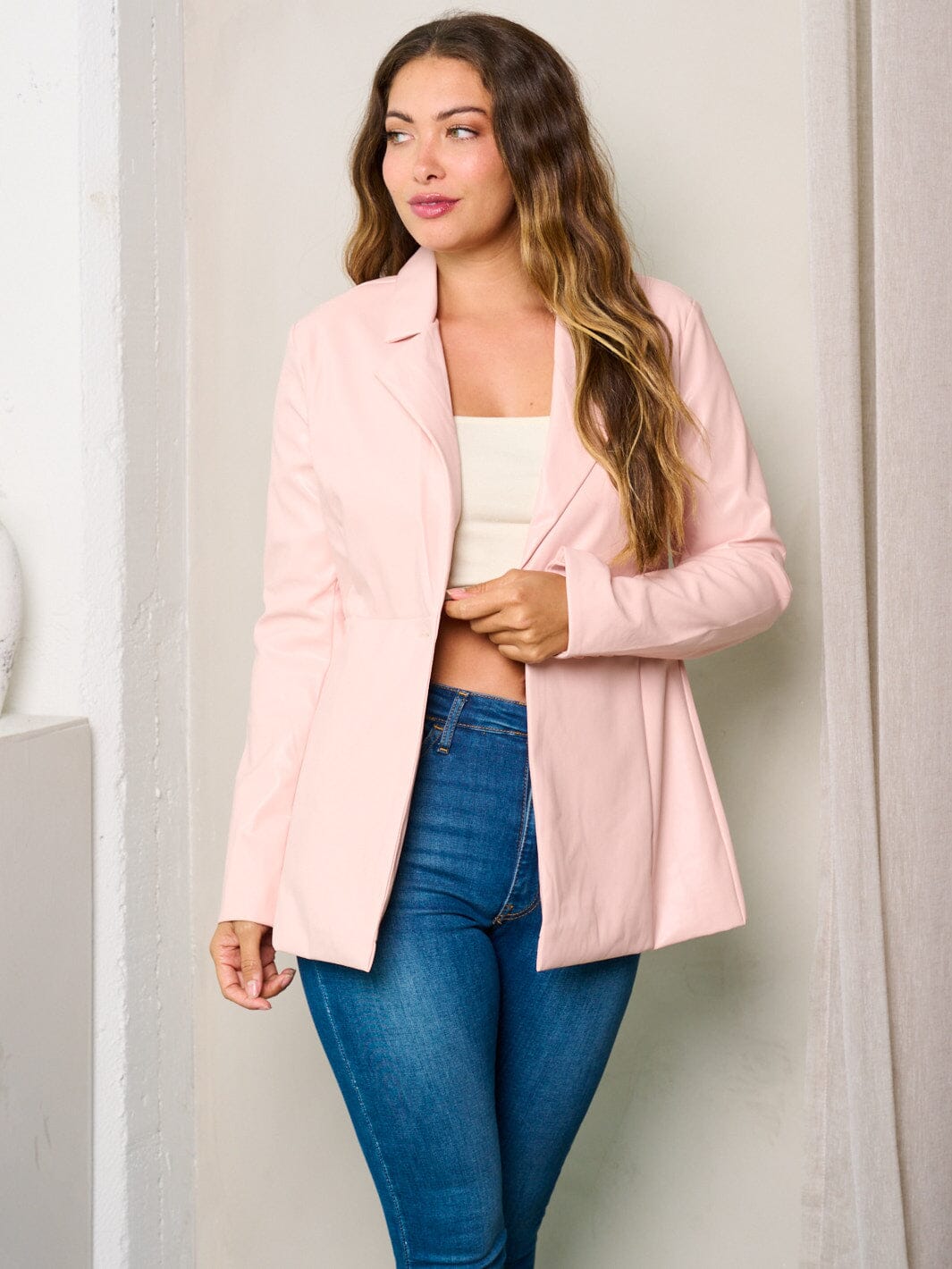 WOMEN'S LONG SLEEVES BUTTON UP PU PLEATHER JACKET