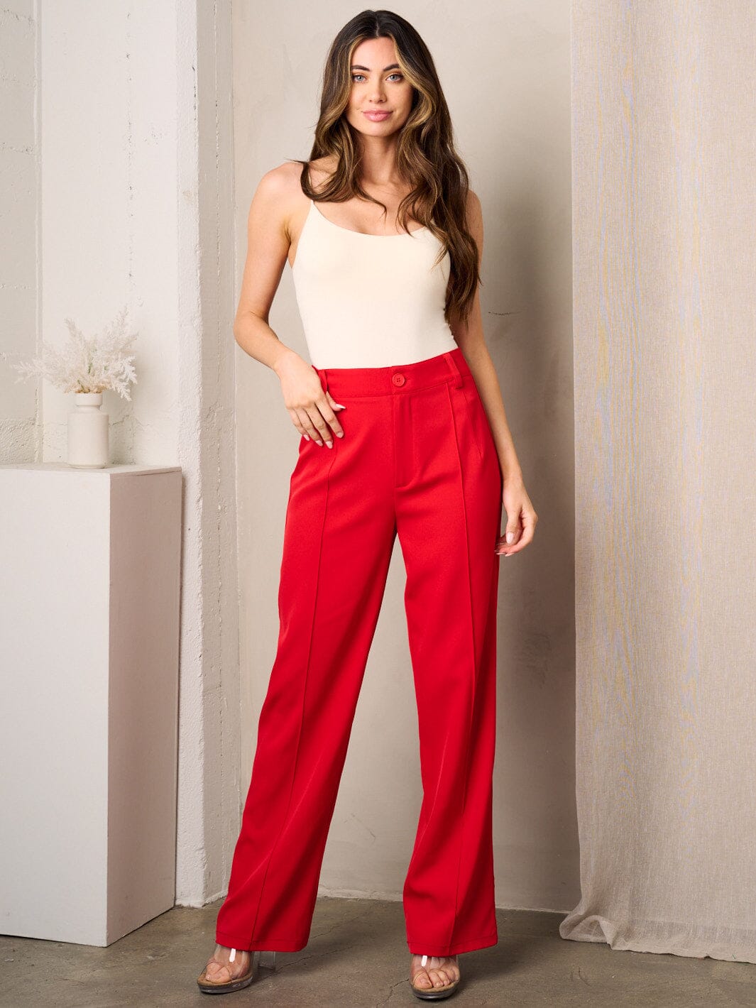 WOMEN'S WIDE LEG PLEATED BUTTON CLOSURE PANTS