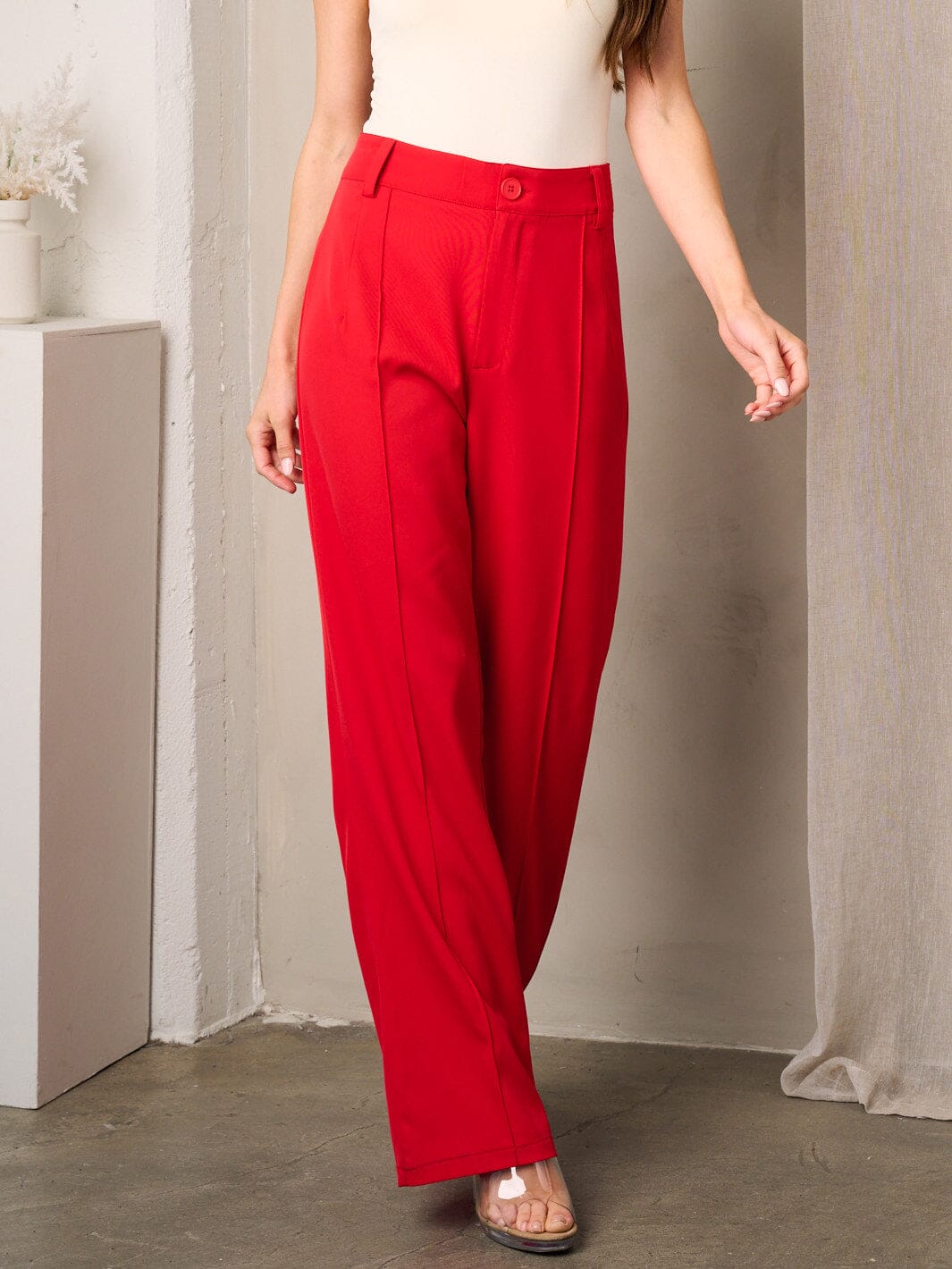 WOMEN'S WIDE LEG PLEATED BUTTON CLOSURE PANTS