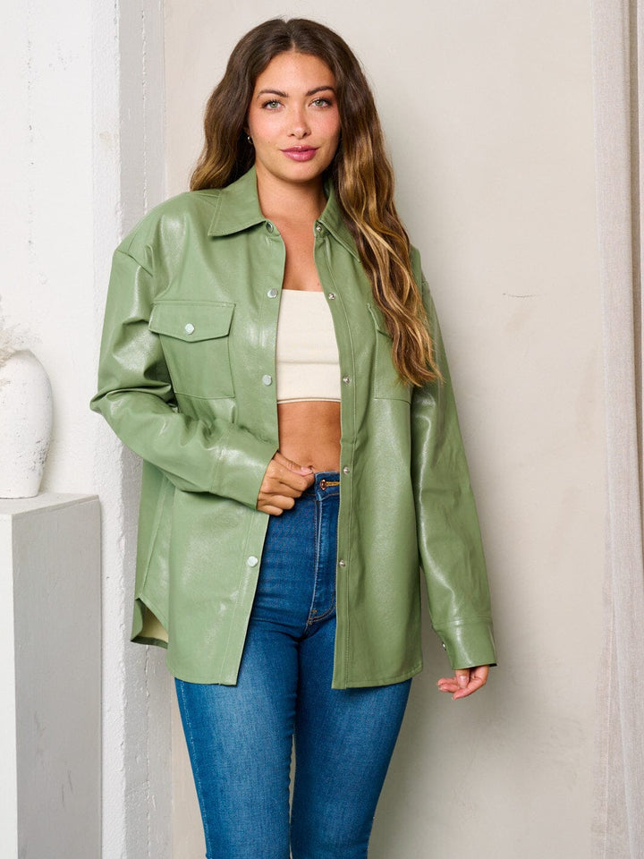 WOMEN'S LONG SLEEVES BUTTON UP PU PLEATHER JACKET