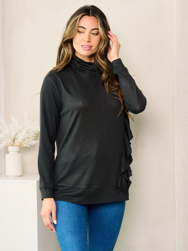 WOMEN'S LONG SLEEVE SIDE RUFFLES TURTLE NECK TOP