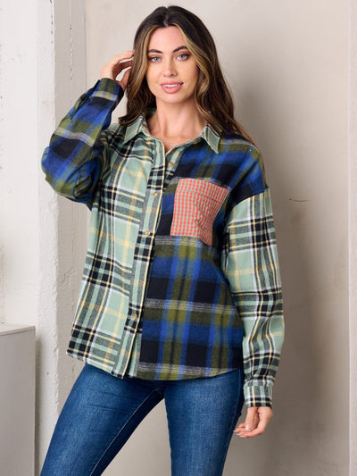 WOMEN'S LONG SLEEVE MULTI PLAID BUTTON UP TOP