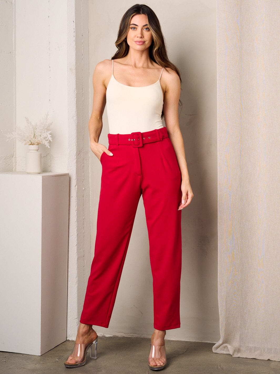 WOMEN'S WIDE LEG BELTED PANTS