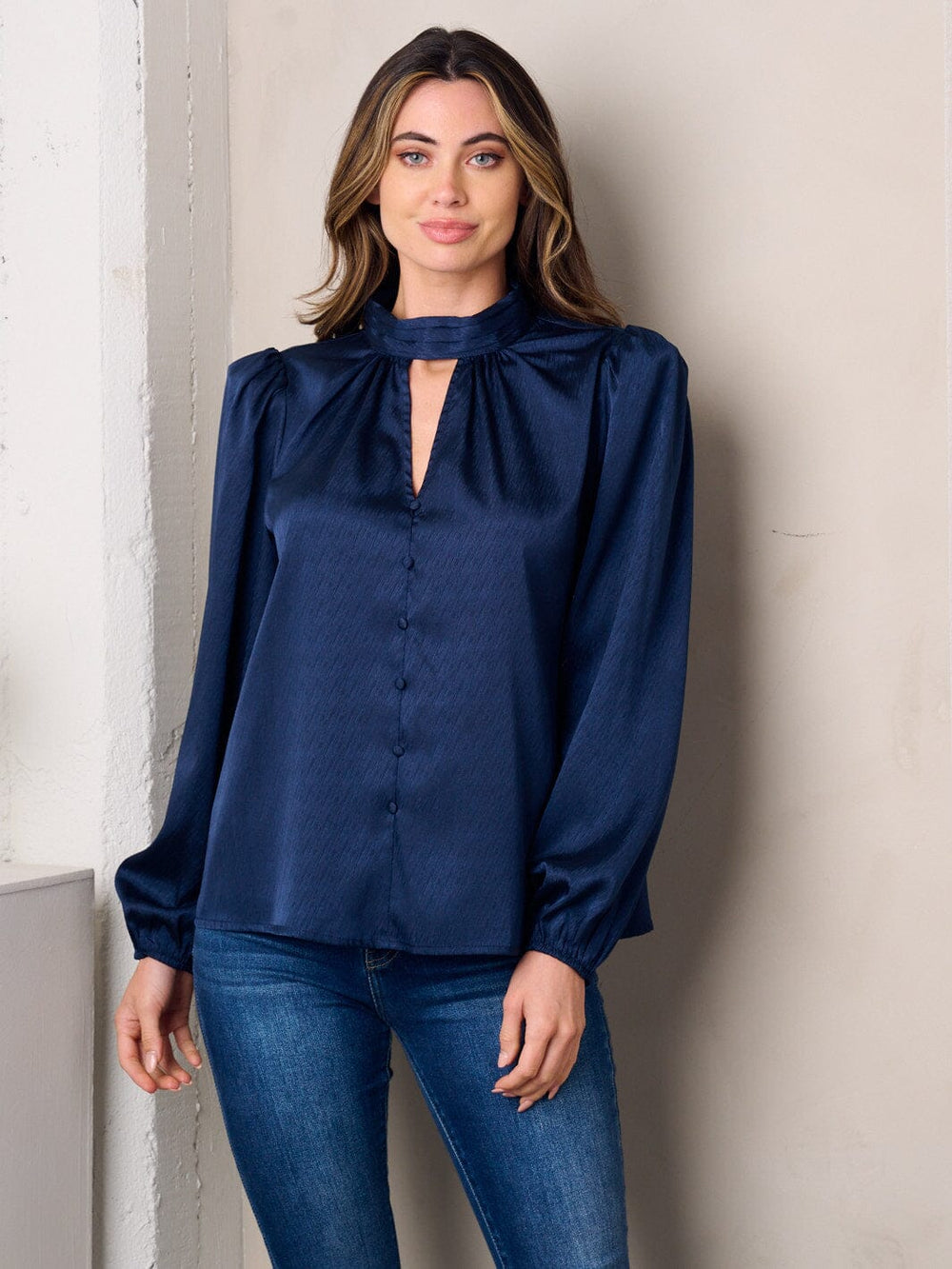 WOMEN'S LONG SLEEVE MOCK NECK KEY HOLE SATIN TOP