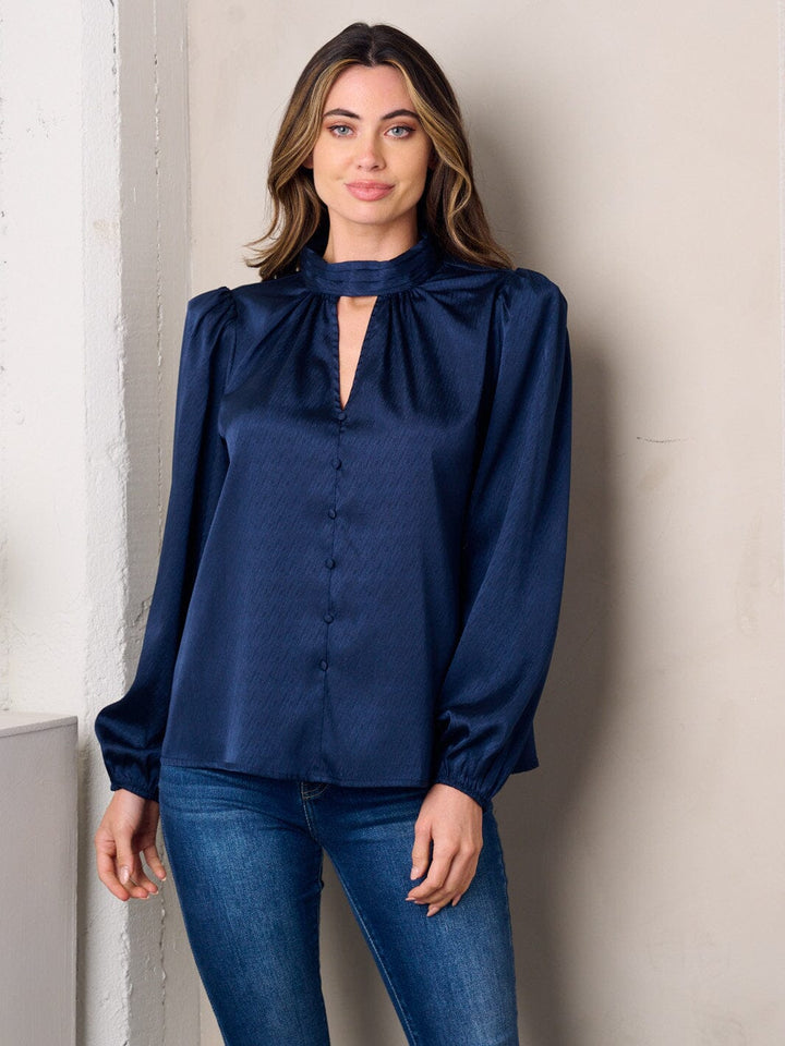 WOMEN'S LONG SLEEVE MOCK NECK KEY HOLE SATIN TOP