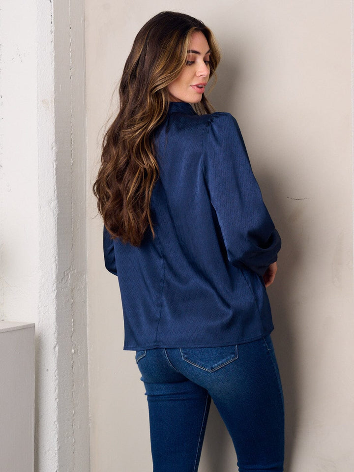 WOMEN'S LONG SLEEVE MOCK NECK KEY HOLE SATIN TOP