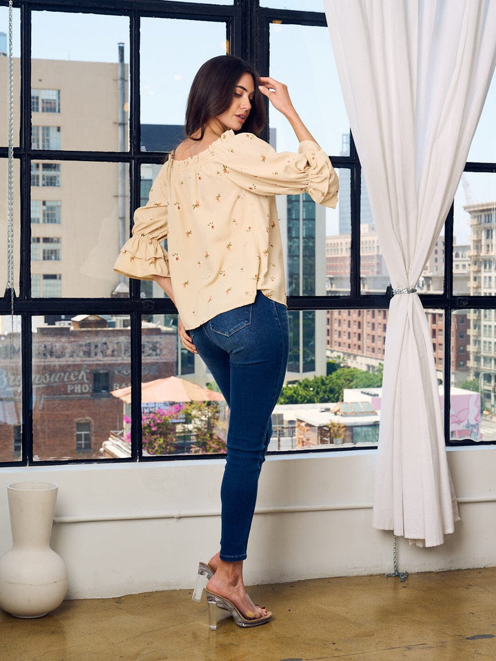 WOMEN'S 3/4 SLEEVE OFF SHOULDER RUFFLE SMOCK FLORAL TOP