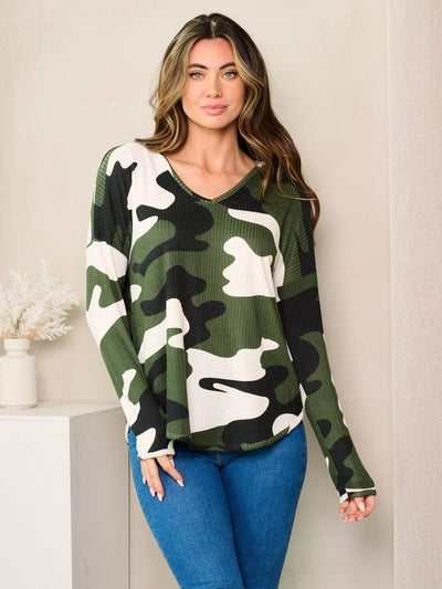 WOMEN'S LONG SLEEVE V-NECK HOODED CAMO PRINT TOP