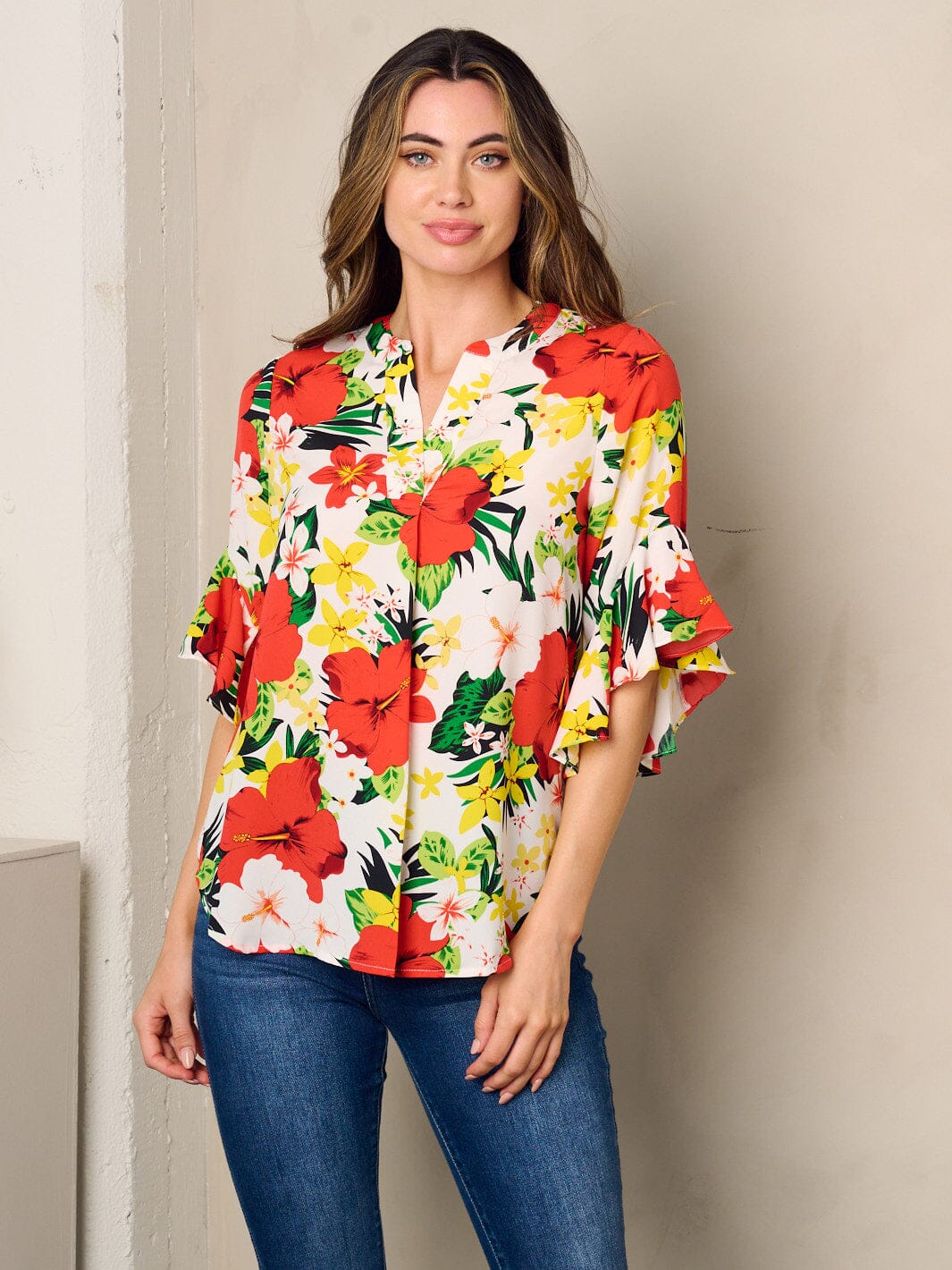 WOMEN'S 3/4 RUFFLE SLEEVE BUTTON UP FLORAL BLOUSE TOP