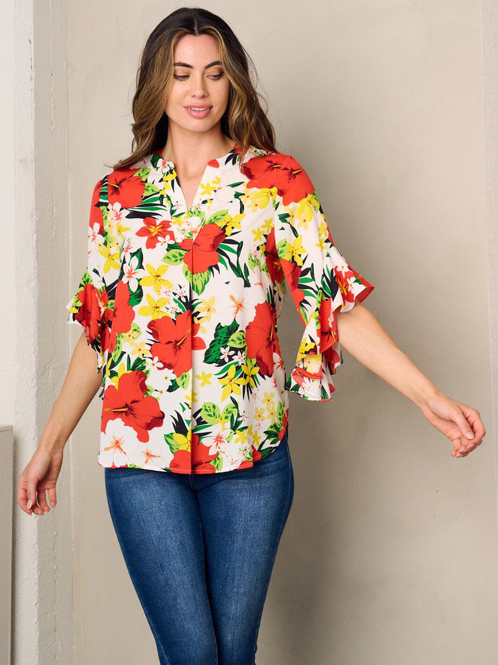 WOMEN'S 3/4 RUFFLE SLEEVE BUTTON UP FLORAL BLOUSE TOP