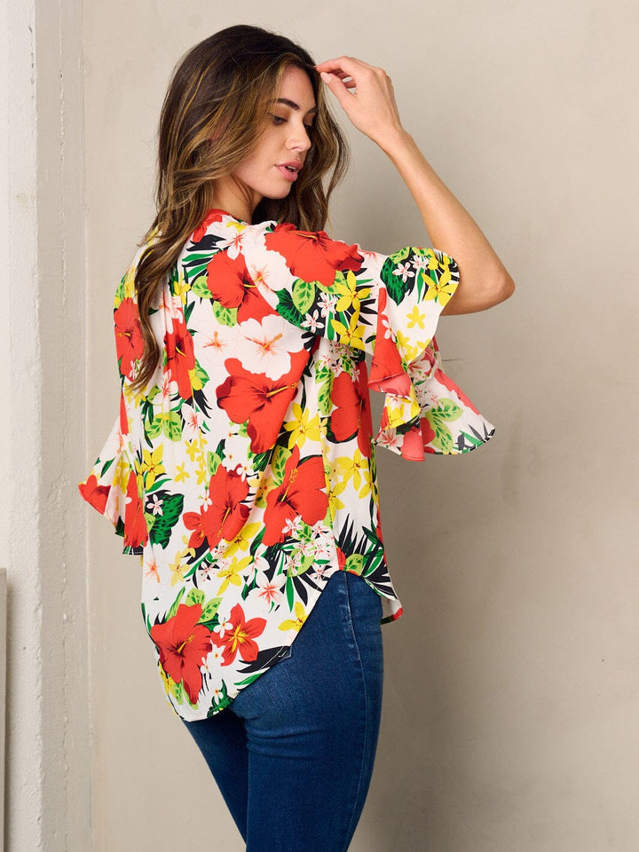 WOMEN'S 3/4 RUFFLE SLEEVE BUTTON UP FLORAL BLOUSE TOP