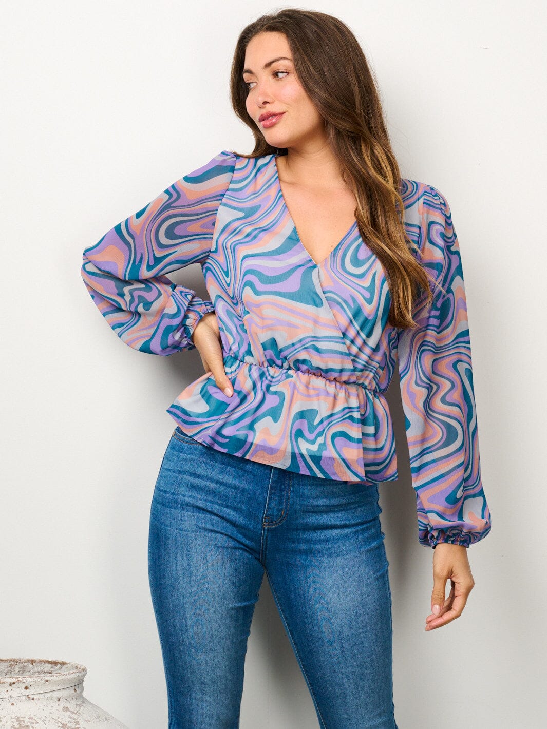 WOMEN'S LONG SLEEVE SURPLICE PRINTED PEPLUM BLOUSE TOP