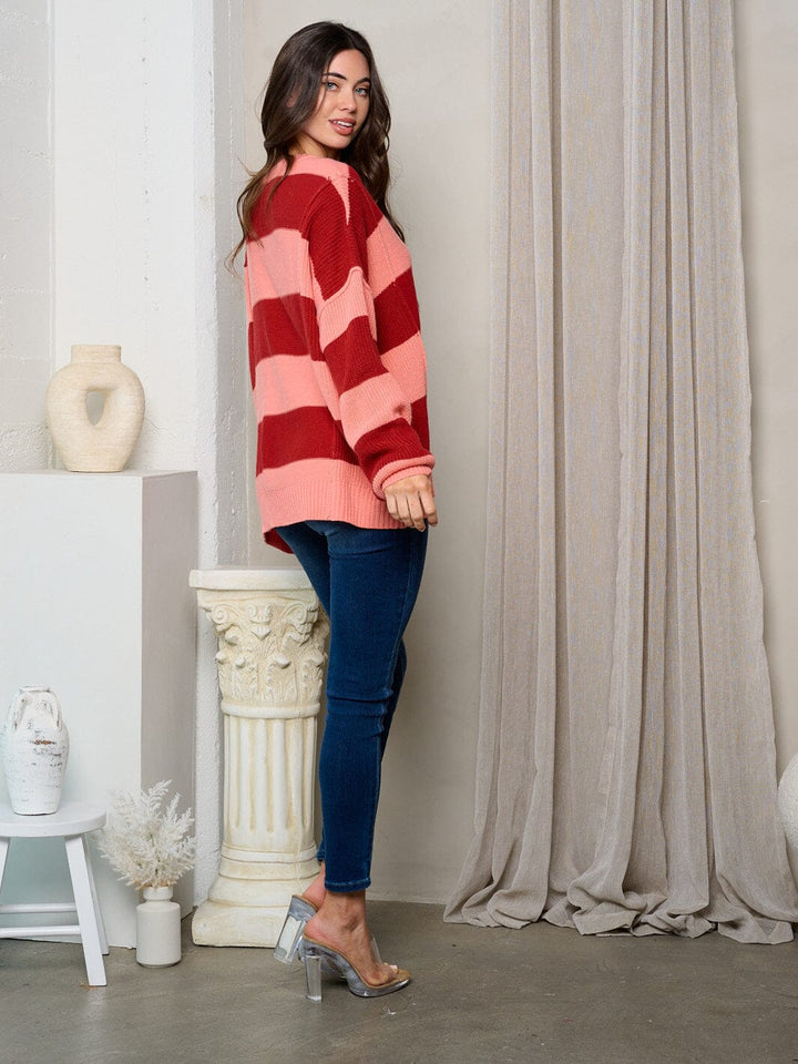 WOMEN'S LONG SLEEVE V-NECK COLORBLOCK SWEATER