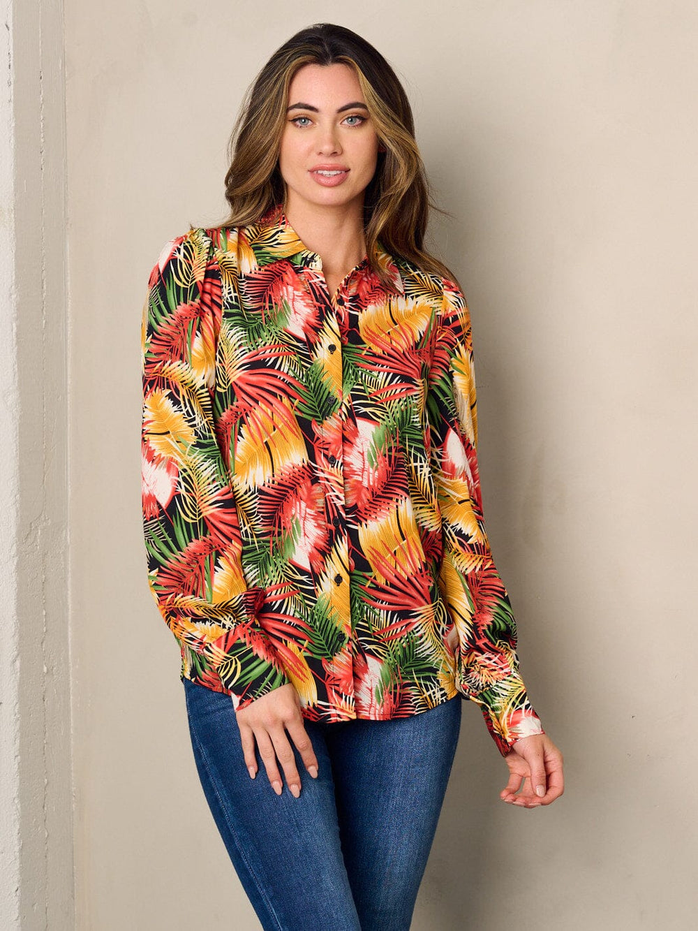 WOMEN'S LONG SLEEVE BUTTON UP LEAF PRINT BLOUSE TOP