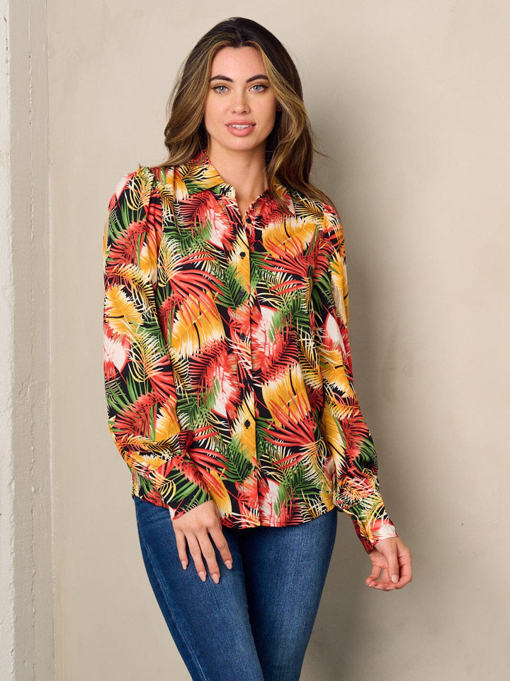 WOMEN'S LONG SLEEVE BUTTON UP LEAF PRINT BLOUSE TOP