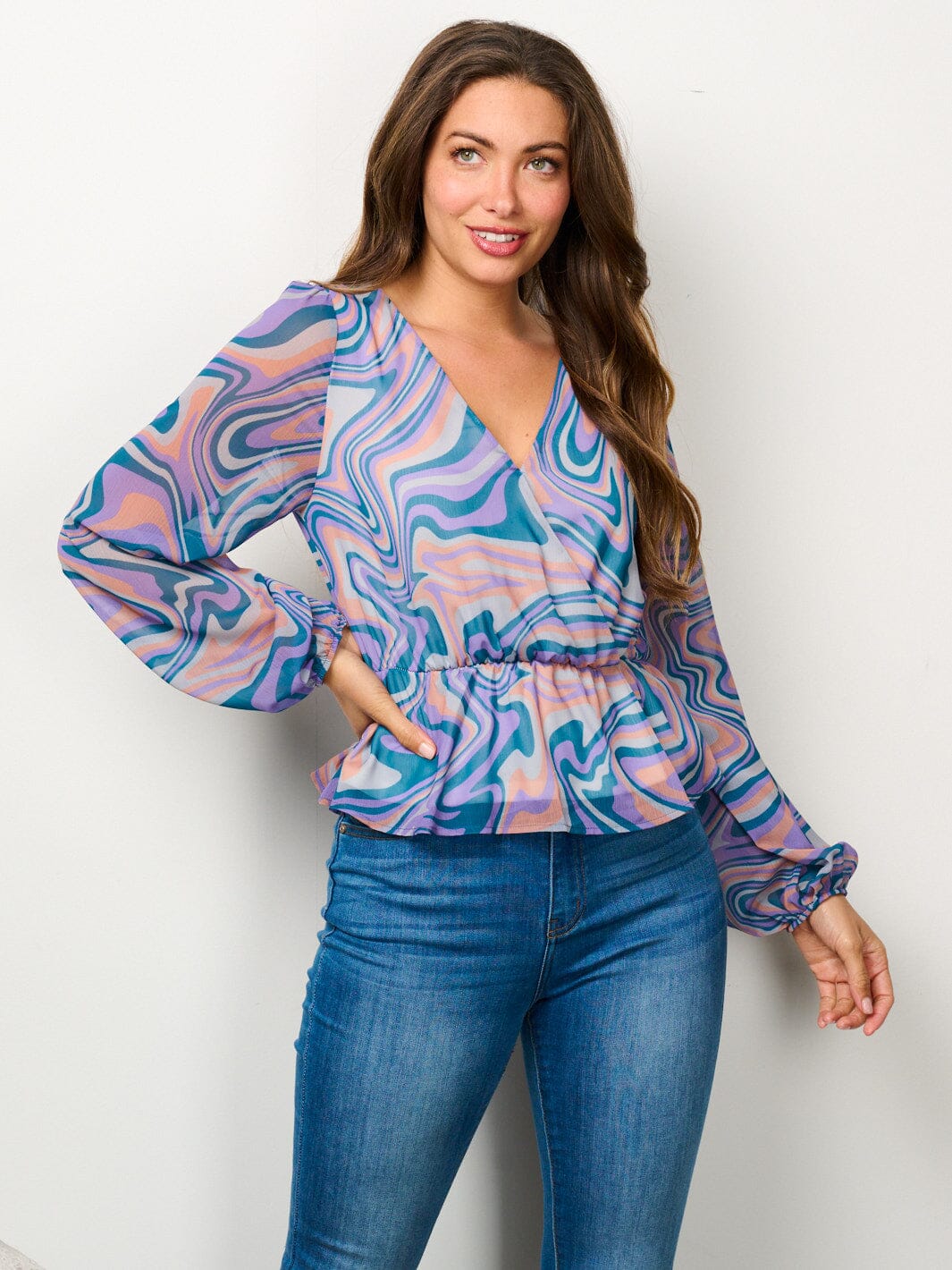 WOMEN'S LONG SLEEVE SURPLICE PRINTED PEPLUM BLOUSE TOP