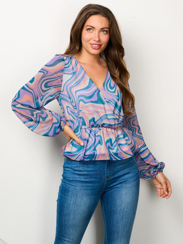 WOMEN'S LONG SLEEVE SURPLICE PRINTED PEPLUM BLOUSE TOP
