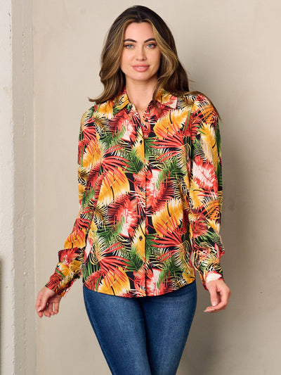 WOMEN'S LONG SLEEVE BUTTON UP LEAF PRINT BLOUSE TOP