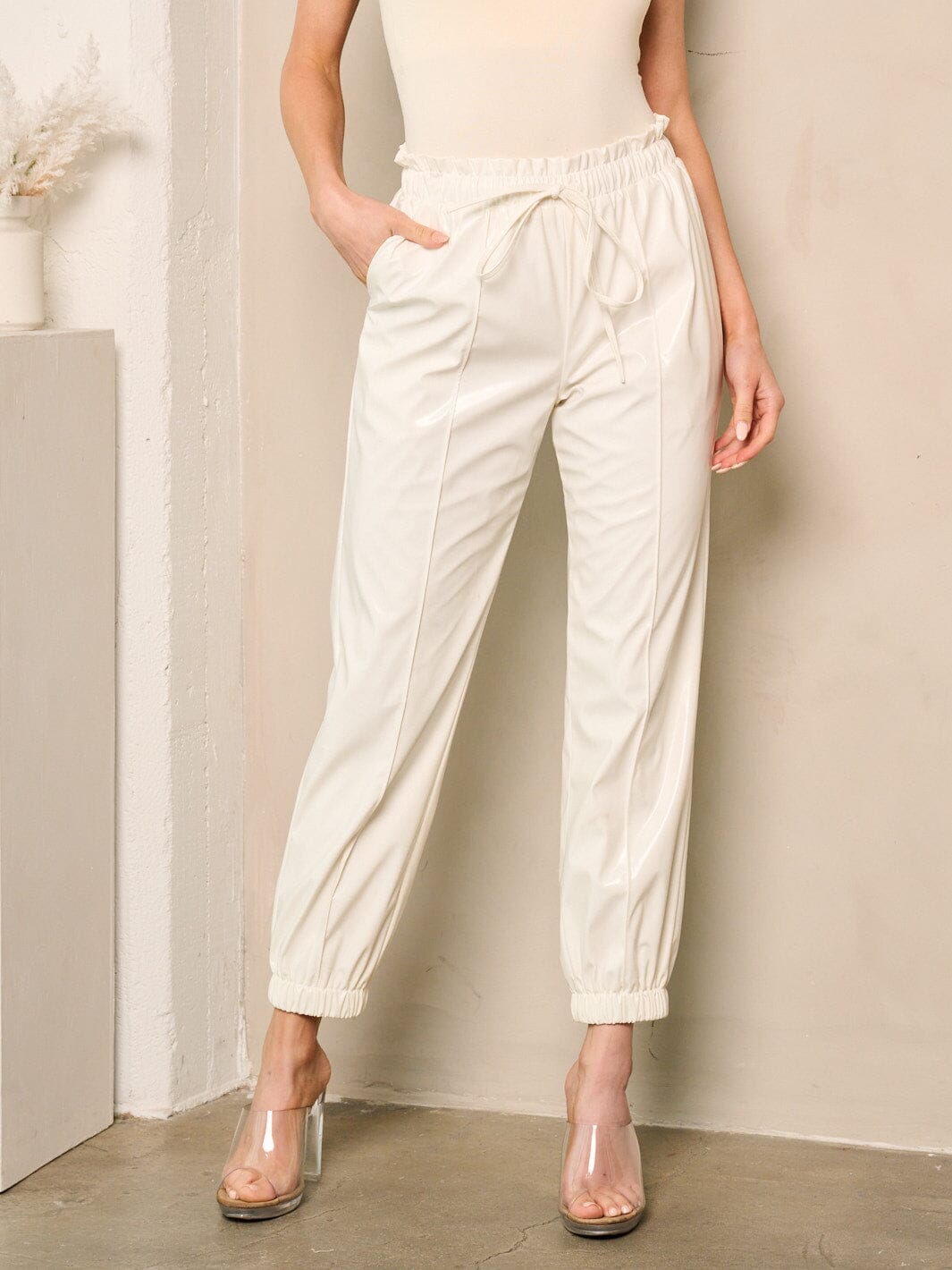 WOMEN'S ELASTIC WAIST SELF TIE POCKETS PU PLEATHER PANTS
