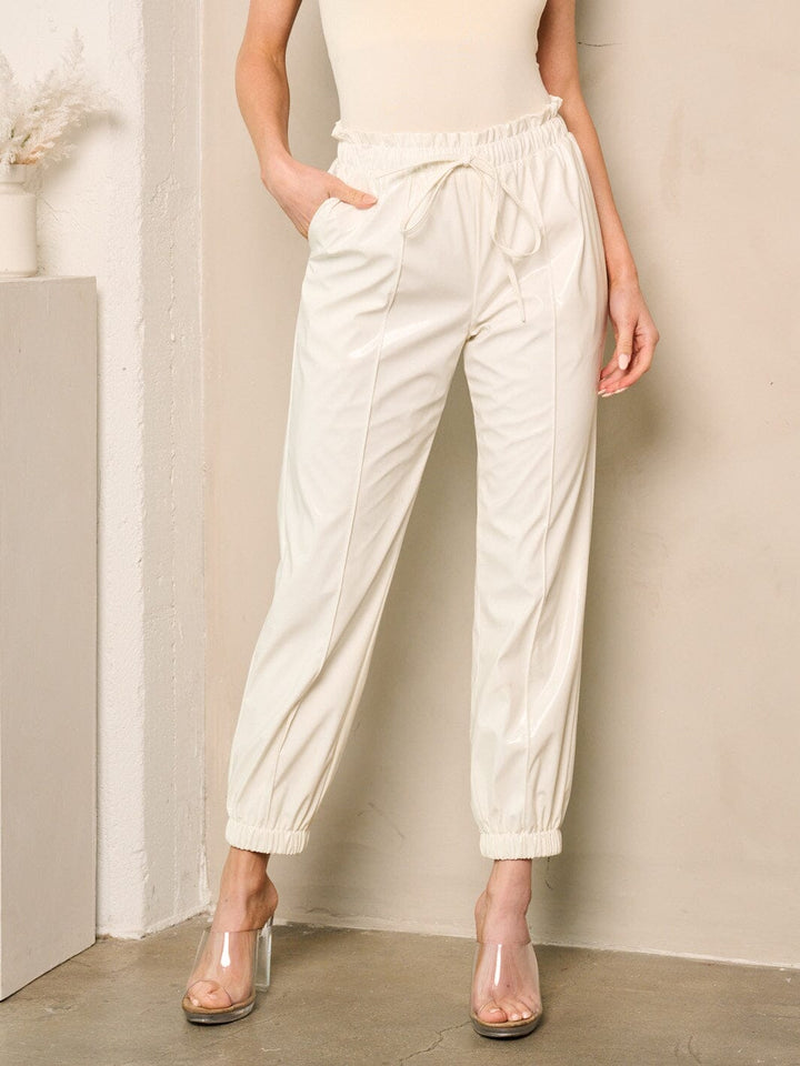 WOMEN'S ELASTIC WAIST SELF TIE POCKETS PU PLEATHER PANTS