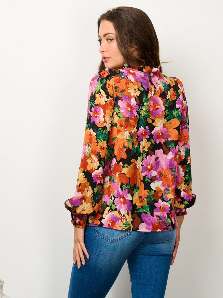 WOMEN'S LONG SLEEVE MOCK NECK FLORAL BLOUSE TOP