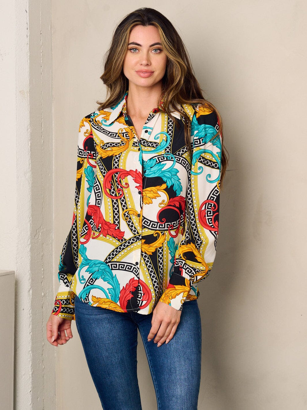 WOMEN'S LONG SLEEVE BUTTON UP PRINTED BLOUSE TOP
