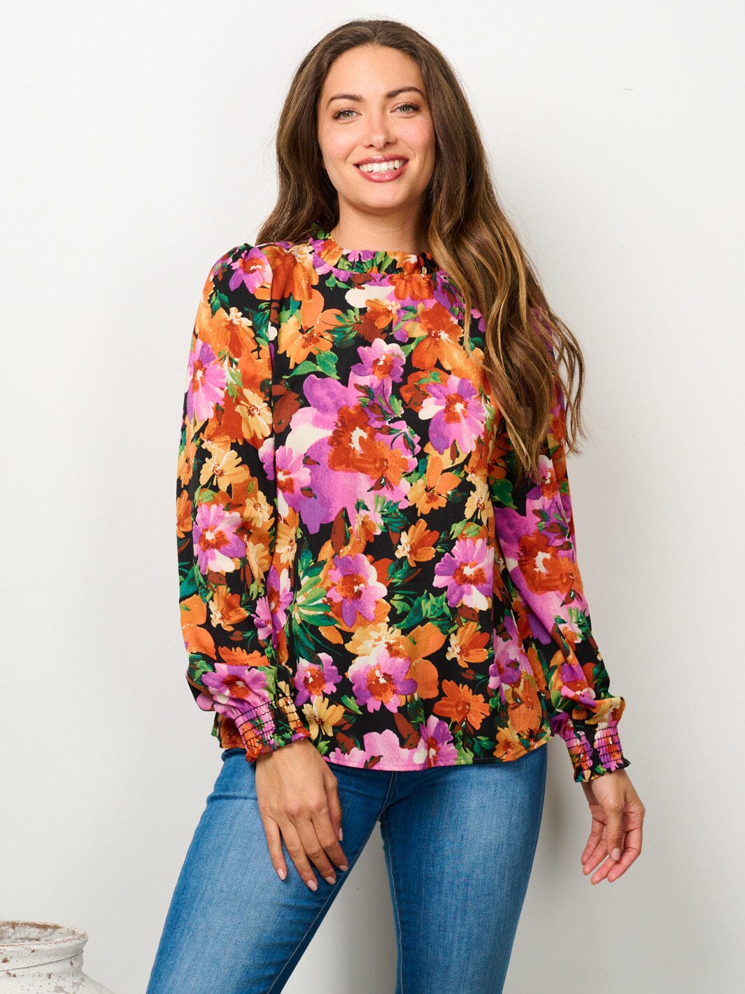 WOMEN'S LONG SLEEVE MOCK NECK FLORAL BLOUSE TOP