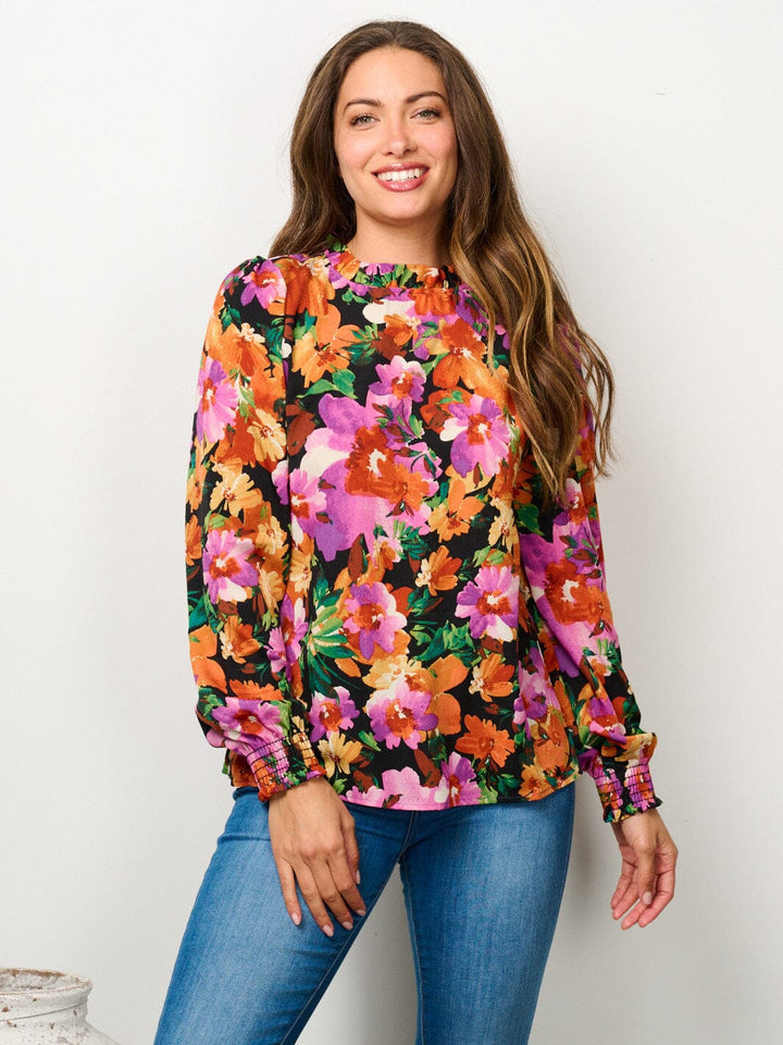 WOMEN'S LONG SLEEVE MOCK NECK FLORAL BLOUSE TOP