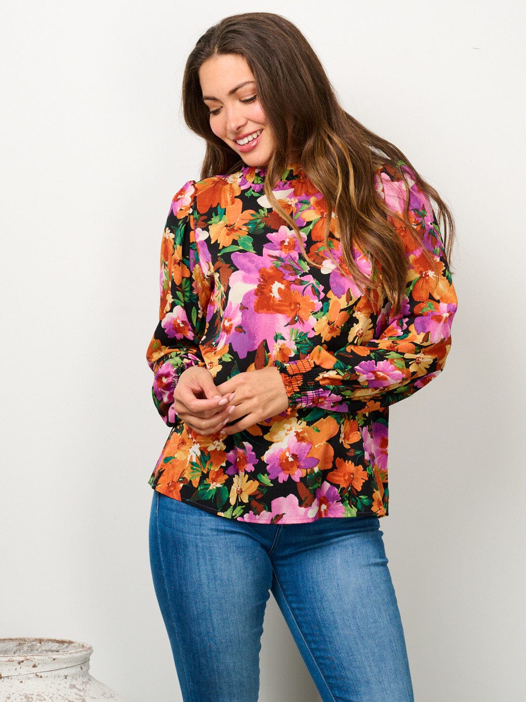 WOMEN'S LONG SLEEVE MOCK NECK FLORAL BLOUSE TOP
