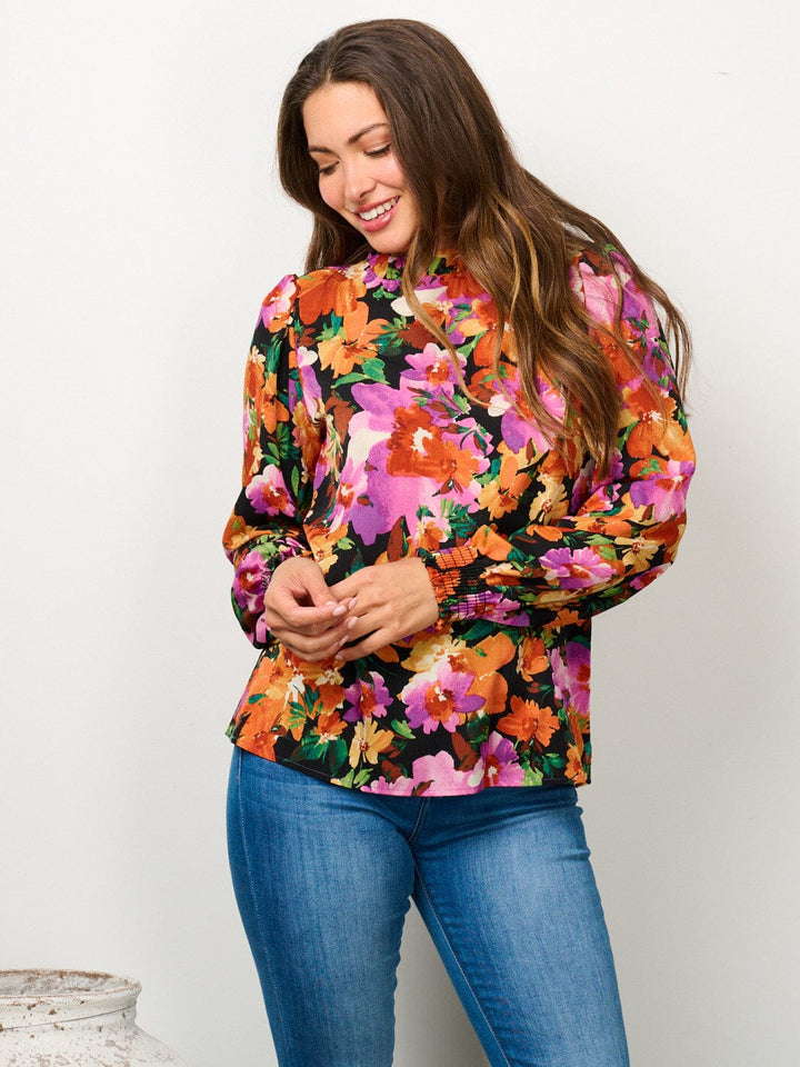 WOMEN'S LONG SLEEVE MOCK NECK FLORAL BLOUSE TOP