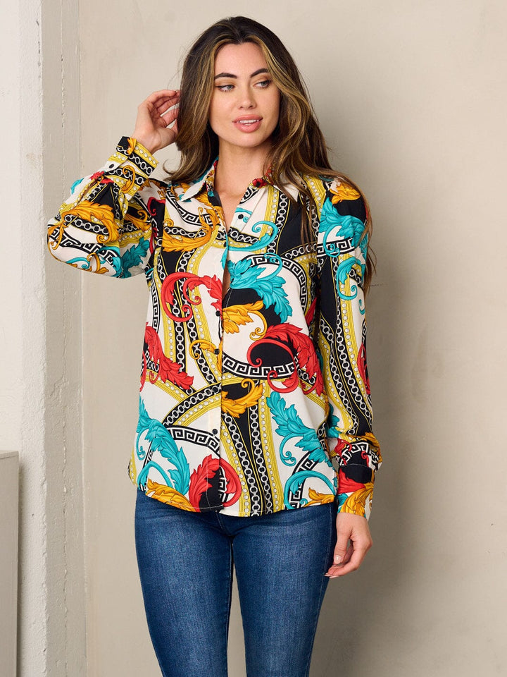 WOMEN'S LONG SLEEVE BUTTON UP PRINTED BLOUSE TOP