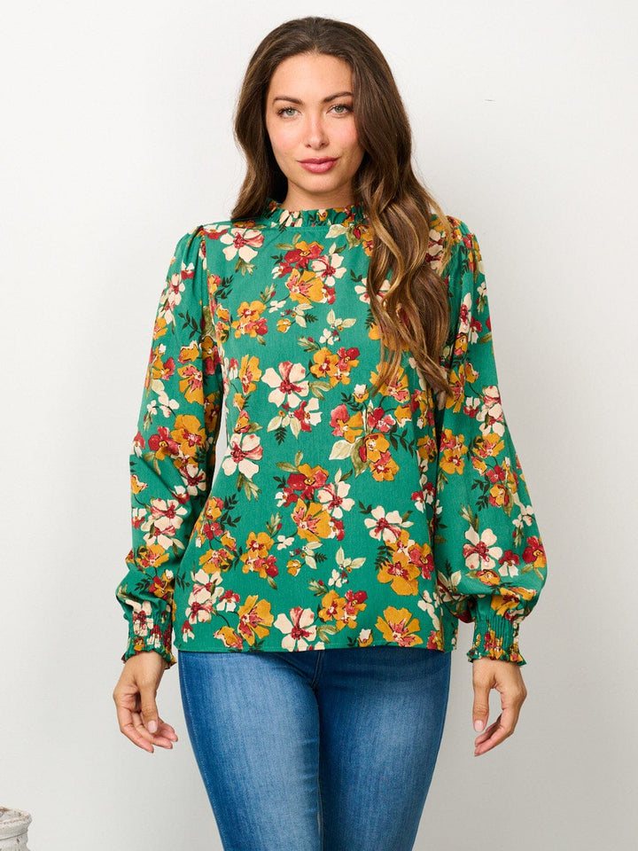 WOMEN'S LONG SLEEVE MOCK NECK FLORAL BLOUSE TOP