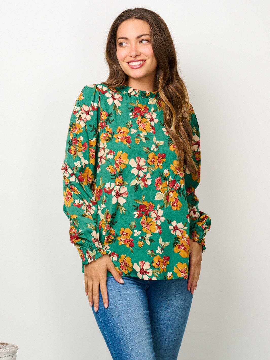 WOMEN'S LONG SLEEVE MOCK NECK FLORAL BLOUSE TOP