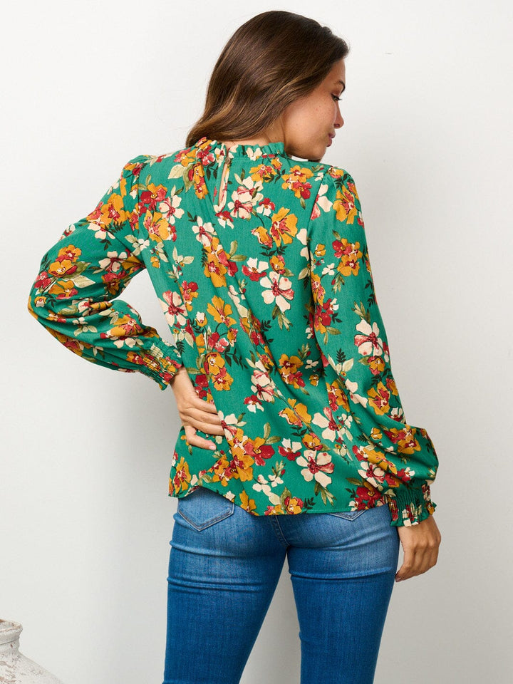 WOMEN'S LONG SLEEVE MOCK NECK FLORAL BLOUSE TOP