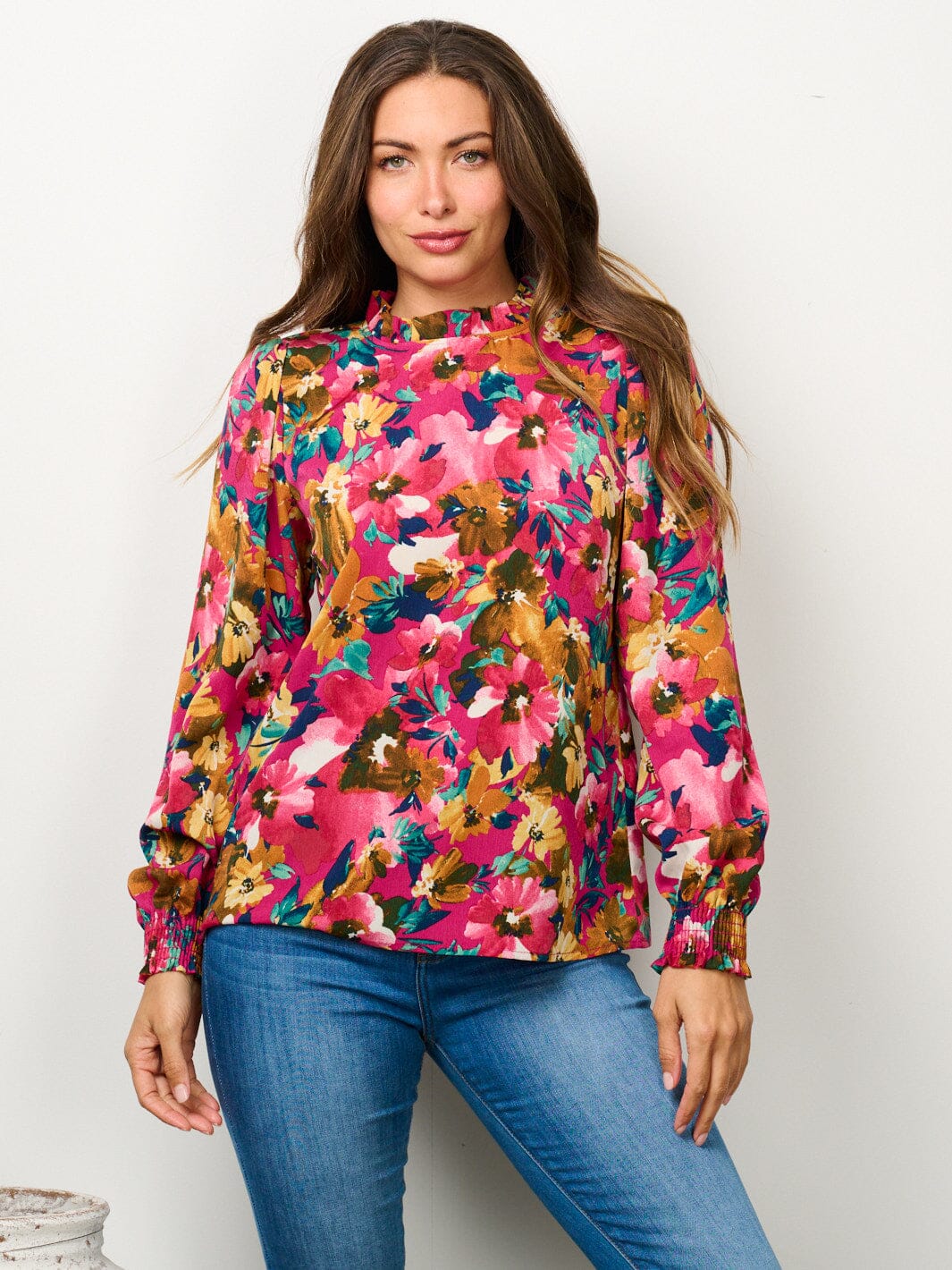 WOMEN'S LONG SLEEVE MOCK NECK FLORAL BLOUSE TOP