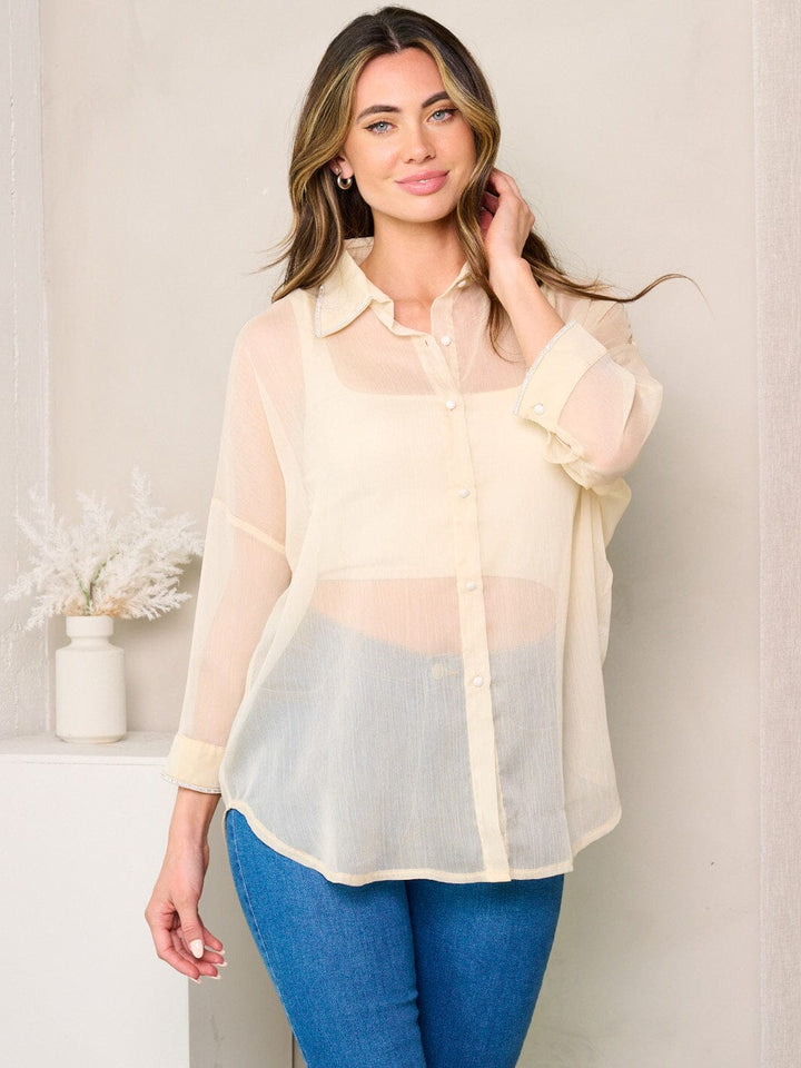 WOMEN'S LONG SLEEVE BUTTON UP SHEER TOP