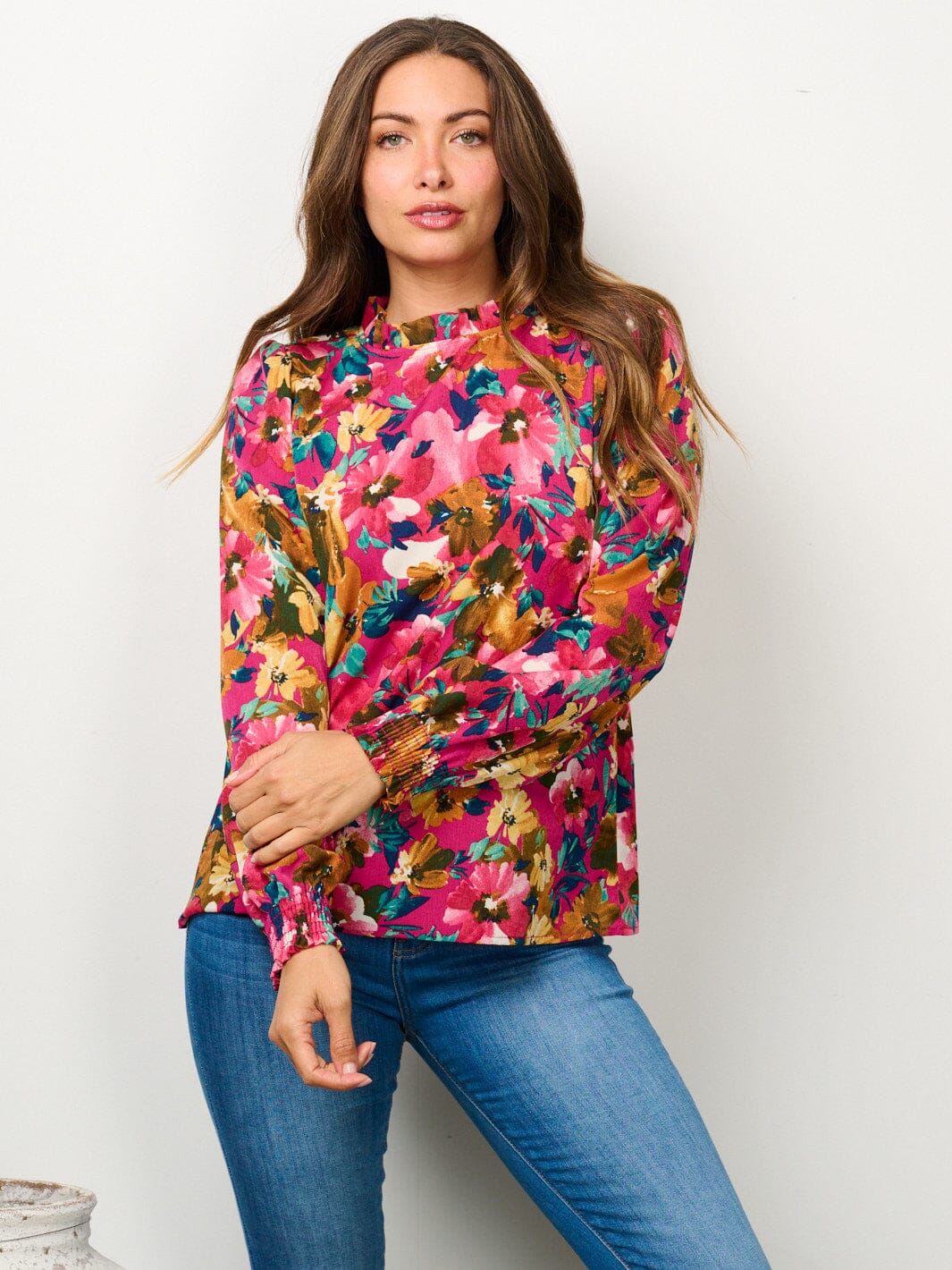 WOMEN'S LONG SLEEVE MOCK NECK FLORAL BLOUSE TOP