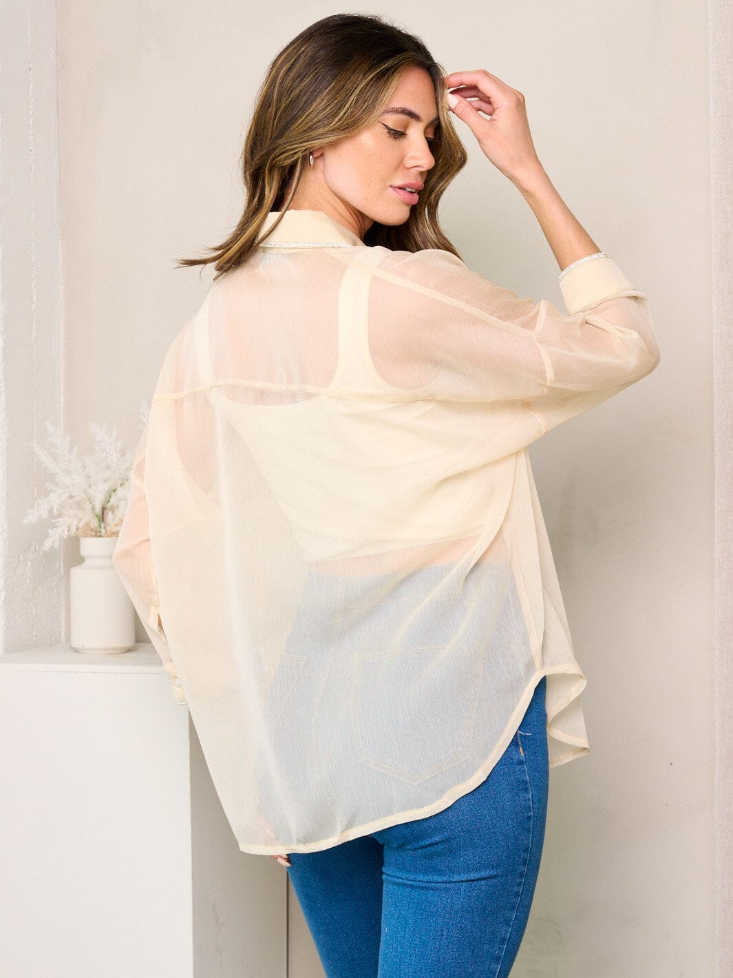 WOMEN'S LONG SLEEVE BUTTON UP SHEER TOP