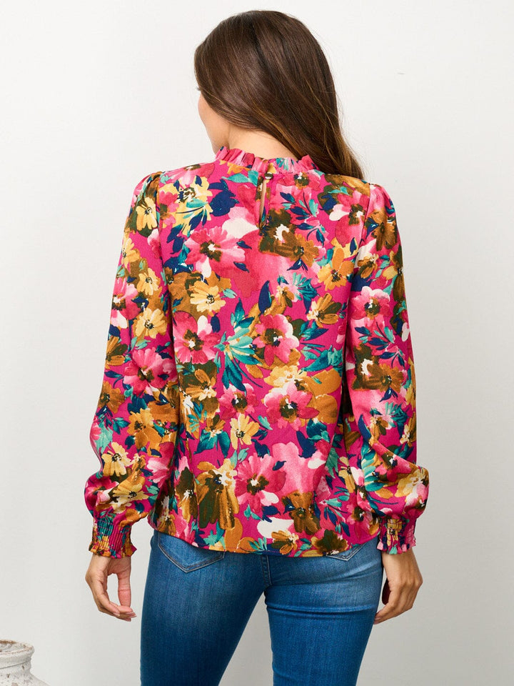 WOMEN'S LONG SLEEVE MOCK NECK FLORAL BLOUSE TOP