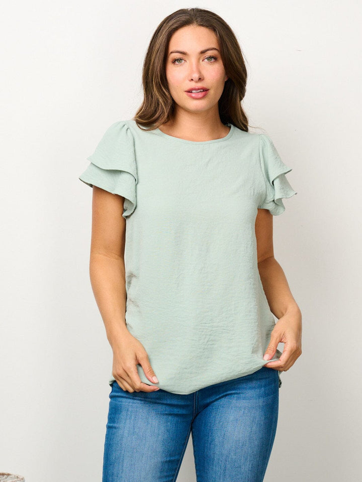 WOMEN'S SHORT RUFFLE SLEEVE SOLID BLOUSE TOP