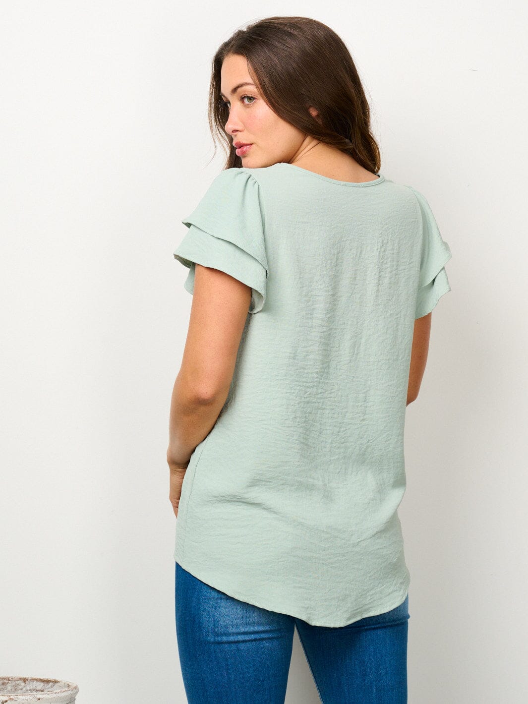 WOMEN'S SHORT RUFFLE SLEEVE SOLID BLOUSE TOP