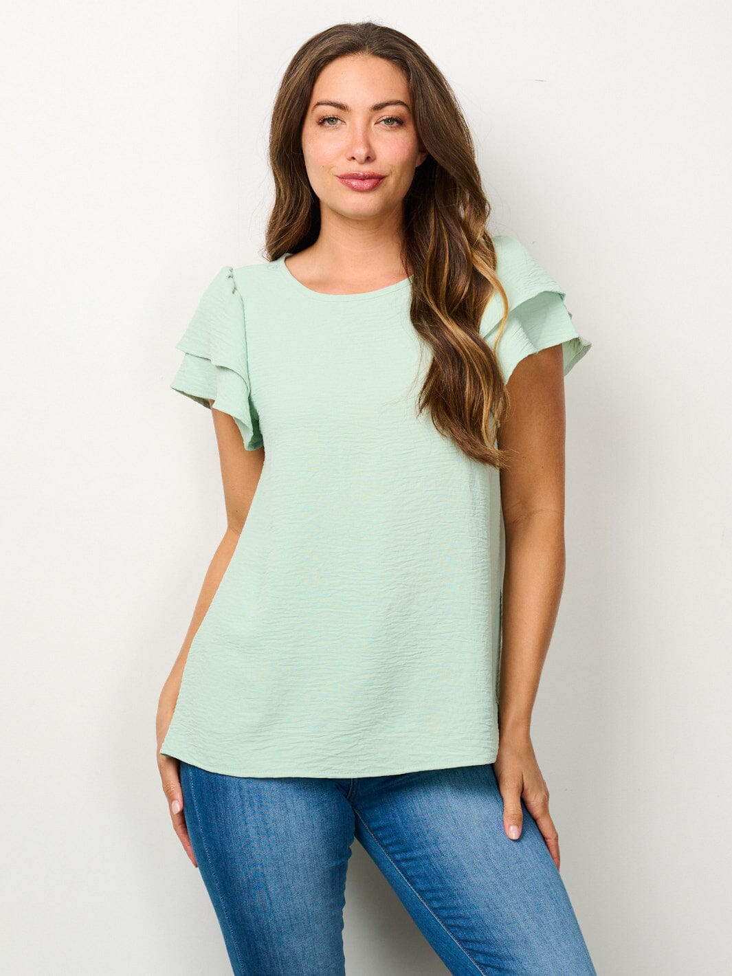WOMEN'S SHORT RUFFLE SLEEVE SOLID BLOUSE TOP