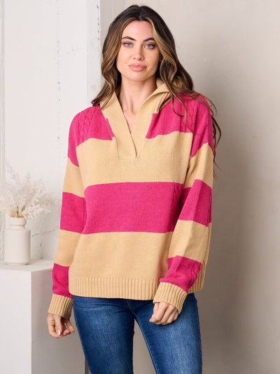 WOMEN'S LONG SLEEVE V-NECK COLORBLOCK SWEATER