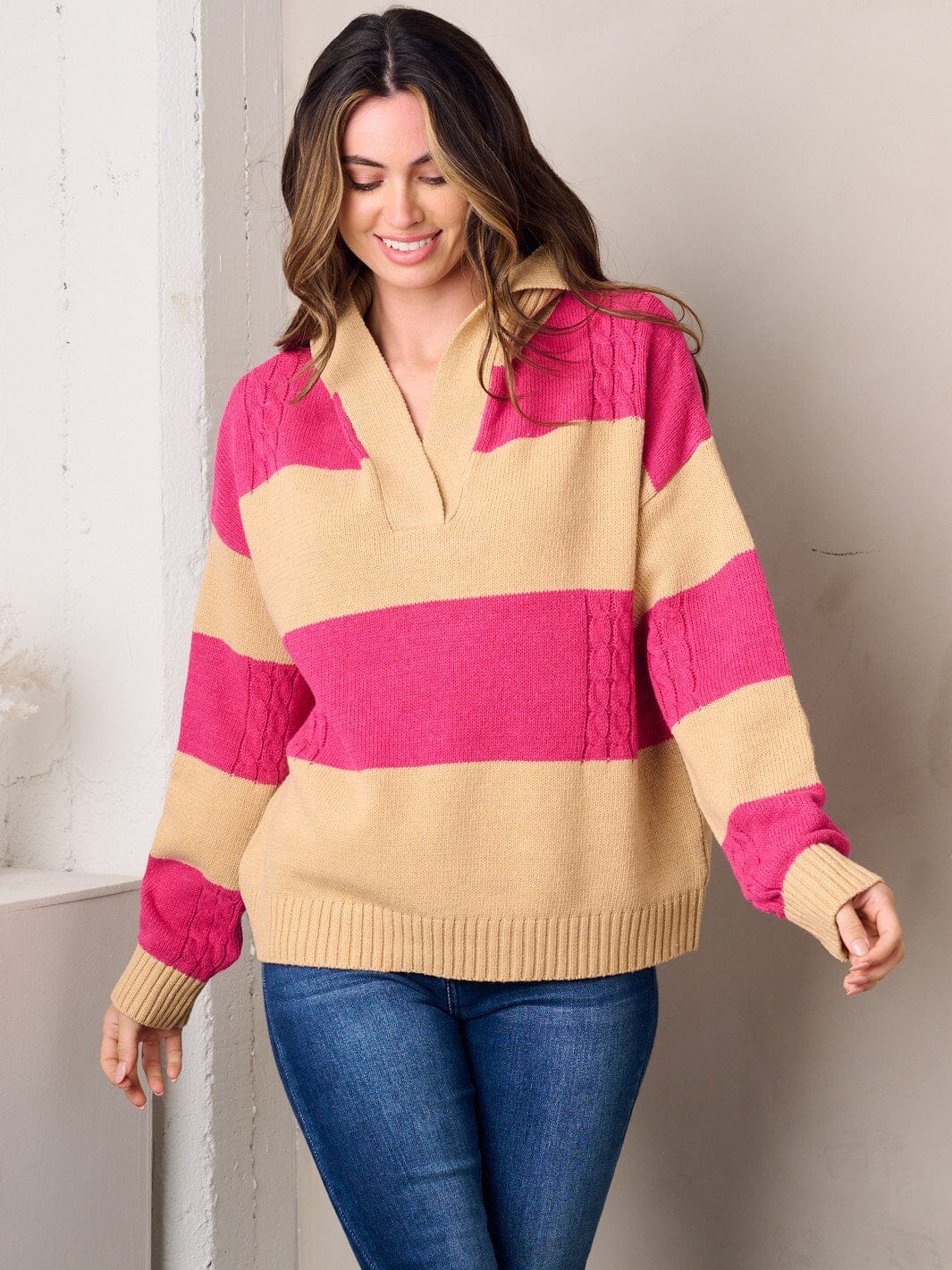 WOMEN'S LONG SLEEVE V-NECK COLORBLOCK SWEATER